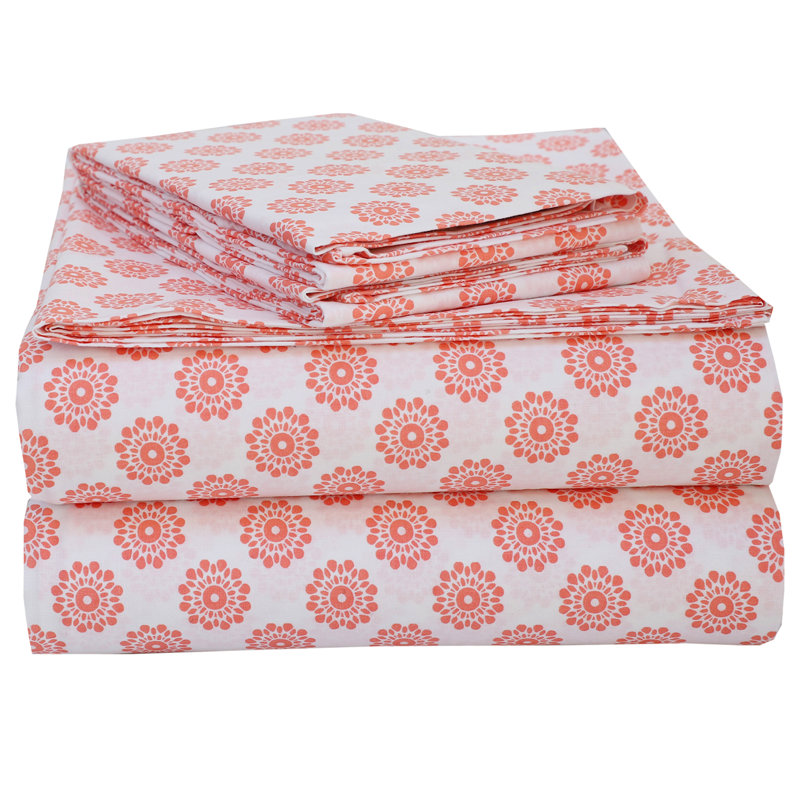 100% Cotton Twin Size Bed Sheets Set with Deep Pockets, Cozy Percale sheets with Elastic Fitted Sheet 3 Piece Bedding and Pillowcase set, Mandalas Coral