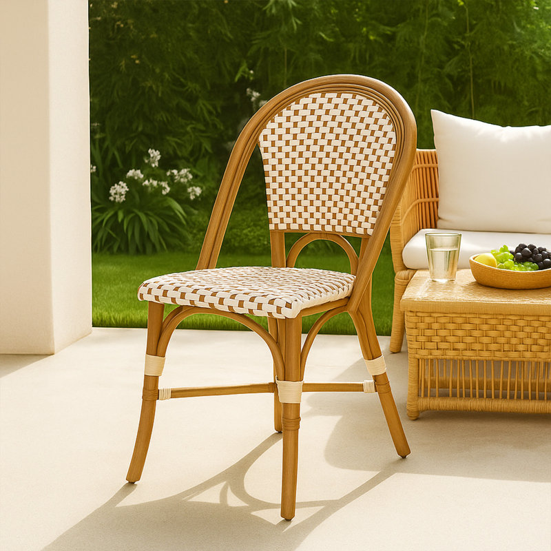 Ensemble de 2 chaises bistro d'extérieur Bo, blanc et brun, faux rotin, métal