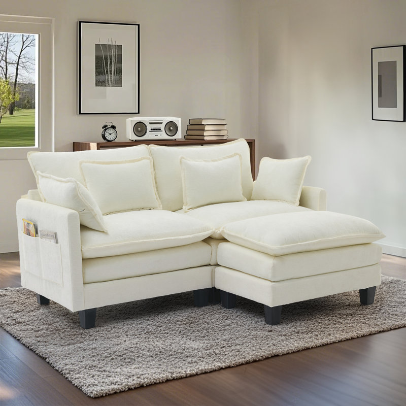 3-Piece Chenille Sectional With Double Layer Seat Cushions, Four Pillows and One Ottoman, Beige