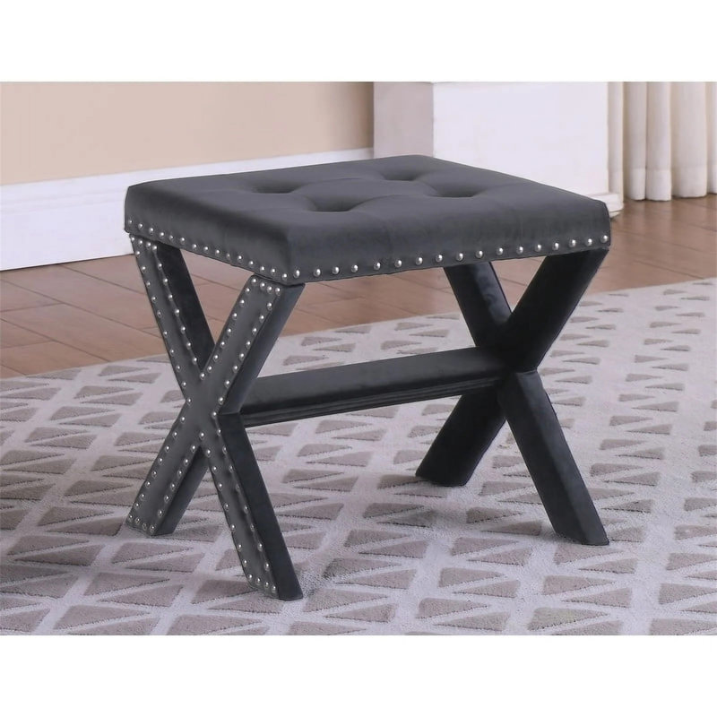 Velvet Upholstered Accent Bench With Nailhead Trim, Gray
