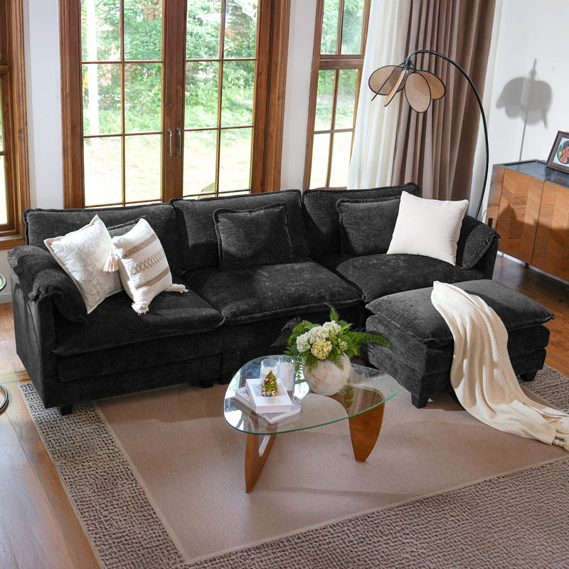 Canapé modulaire rembourré en L de 4 pièces avec repose-pieds 4 pièces de 113 po, Chenille noir