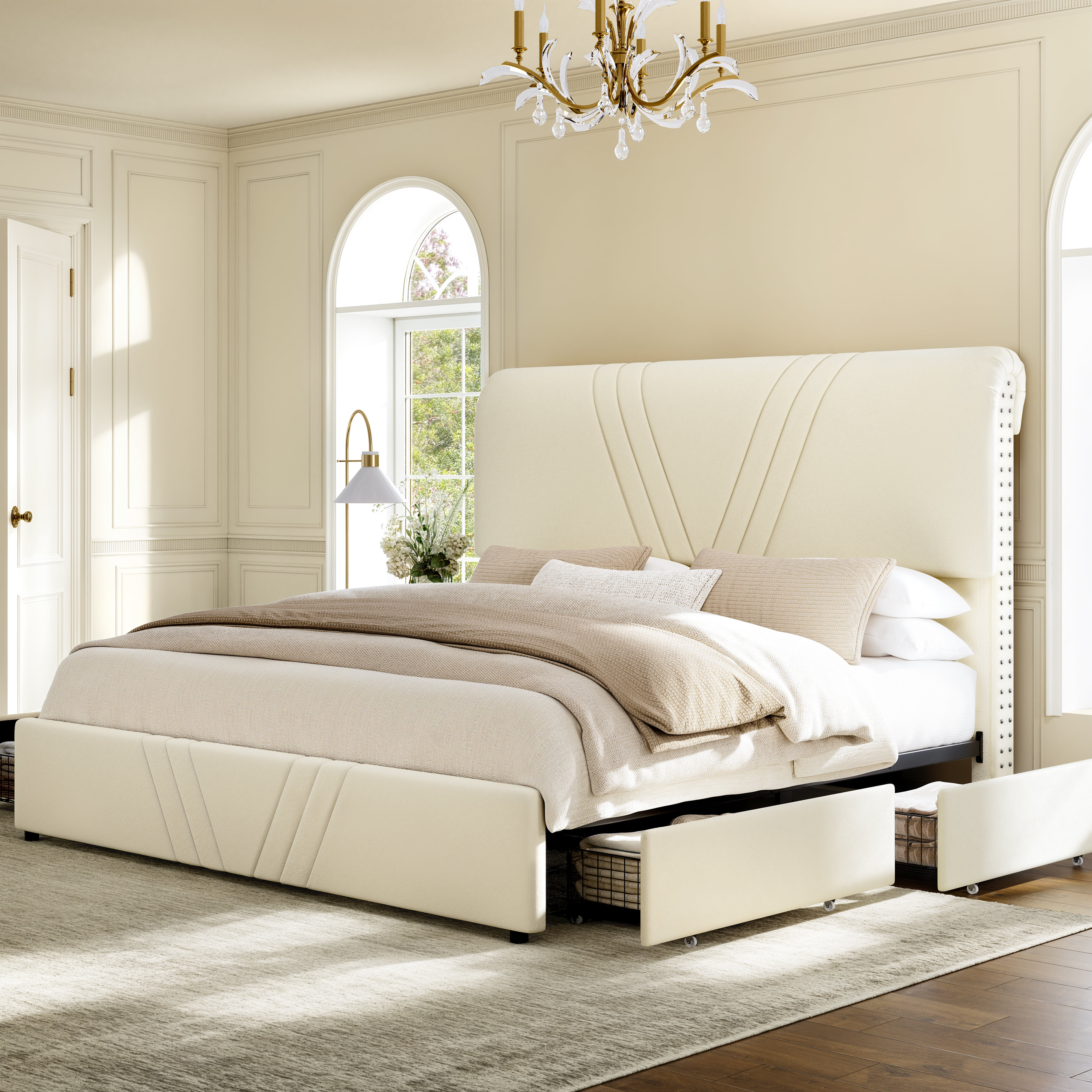 Ebern Designs Upholstered Bed Frame With 4 Storage Drawers, Tall 51 ...