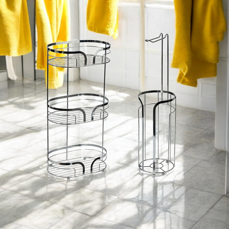 Dante Chrome Floor Caddy And Toilet Roll Holder, Chrome