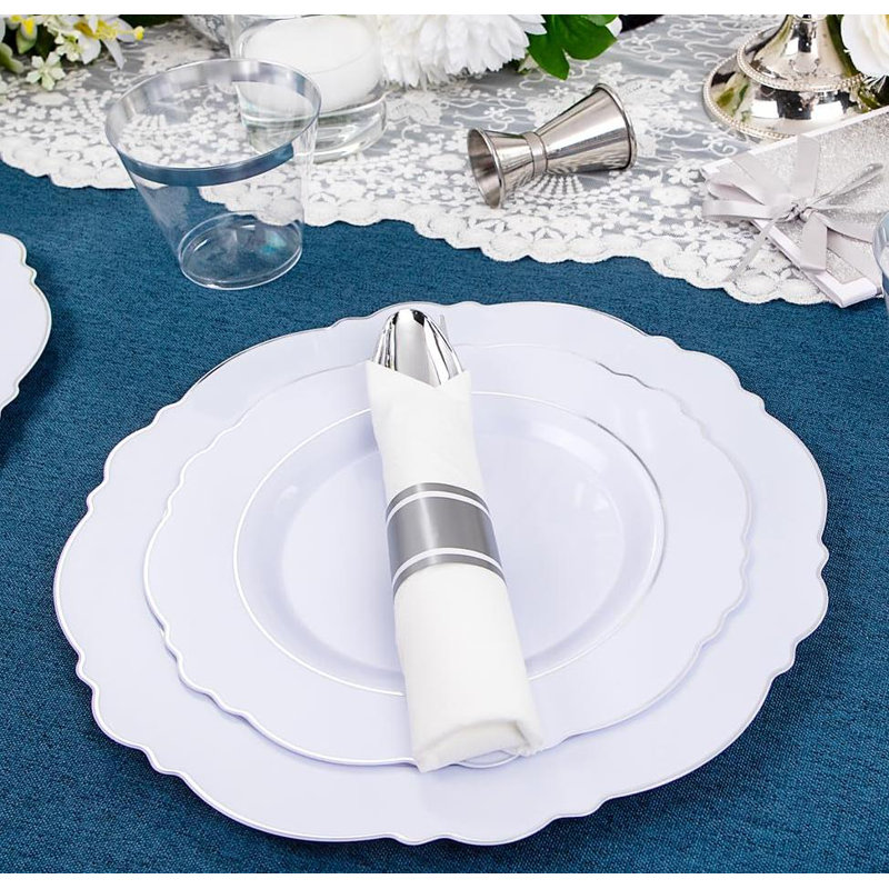 COEN 350-piece plastic plate set includes 100 plates, 50 pre-rolled napkins with silverware, and 50 cups