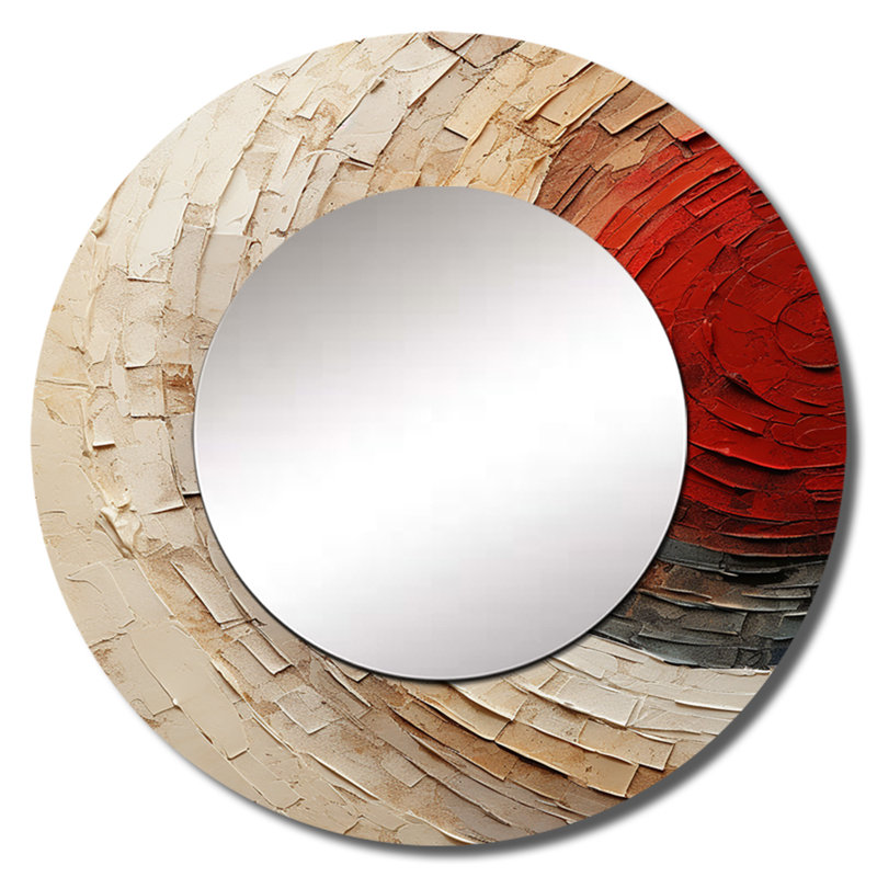 Saidas Beige Red Spiral Poteries I - Abstract Spirals Large Mirror, Modern Round Unique Wall Mirror Decor, Printed Metal Art