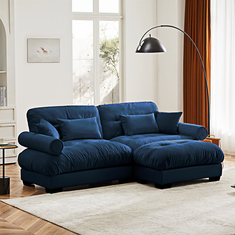 Upholstered Sofa Couch With Pillows And Convertible Ottoman, Blue