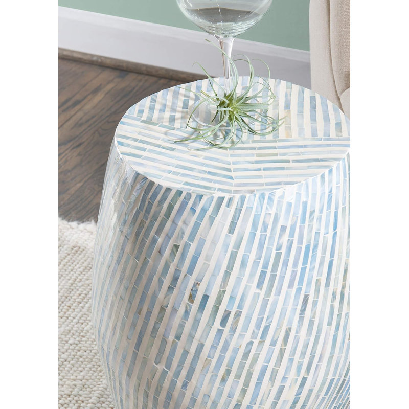 Stylish Capiz Shell Mosaic Accent Table With Drum Design, Fully Assembled, Supports 77Lbs, Ideal For Coffee Or Decorative Use