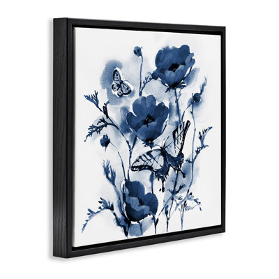 Indigo Poppies & Butterflies Floating Frame, design by Paul Brent