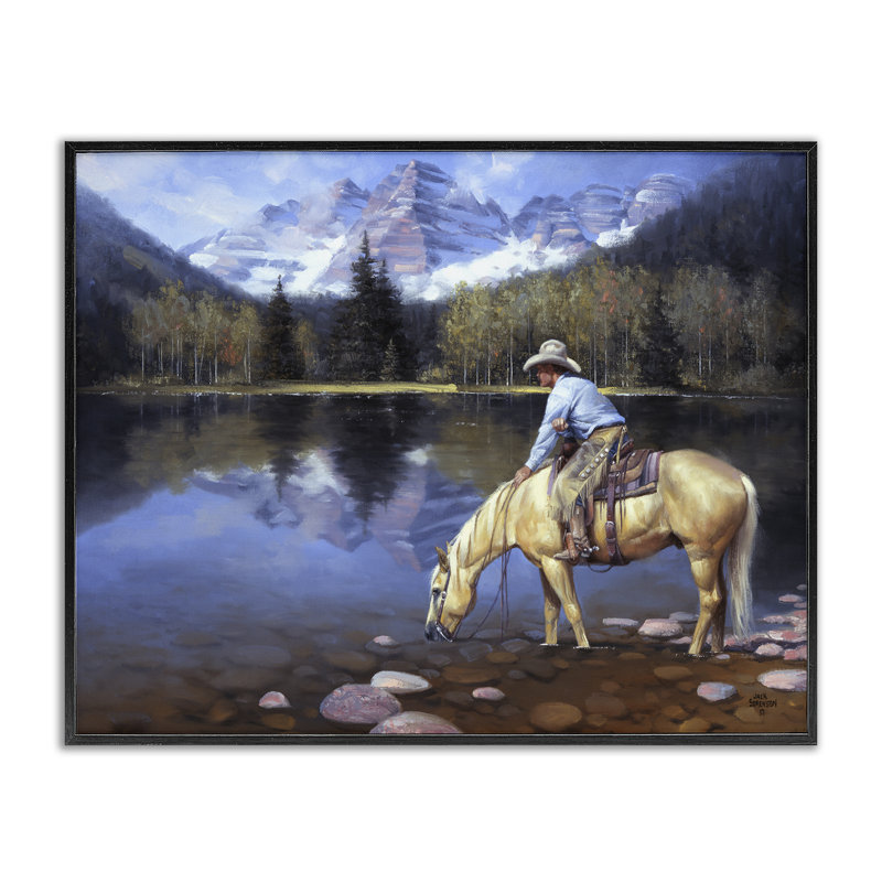 «Cowboy & Horse at River's Edge», estampe numérique, conception de Jack Sorenson, H 11 po x l 14 po
