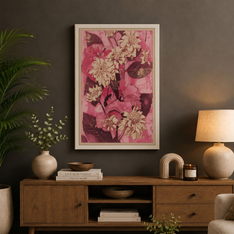 Clustered Peonies and Roses Botanical - Wrapped Canvas, 24x16 - 61.0 x 40.6 cm, Ochre Border