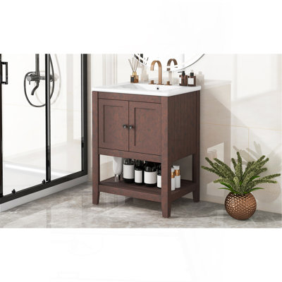 Lavabo de salle de bain moderne élégant en céramique 24 po avec tablette ouverte en bois massif brun