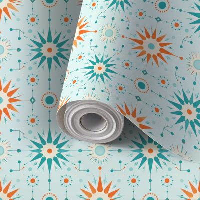 Peel and Stick PVC Wallpaper, Removable Self-Adhesive Wall Covering With Retro Floral Geometric Orange Teal Motif Print, Waterproof for Home Decor - Roll