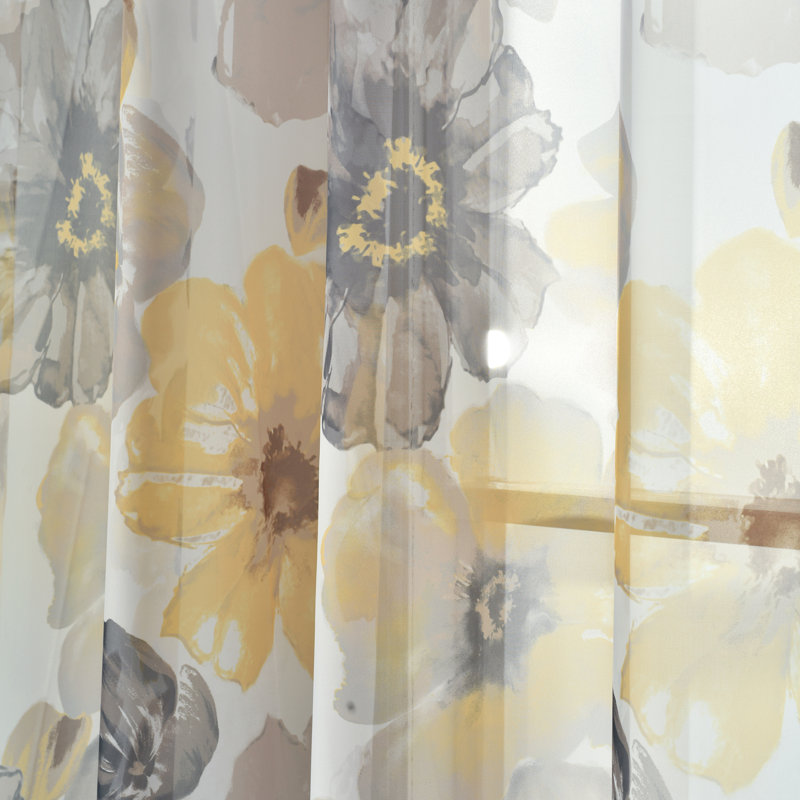 Yellow and Gray Floral Sheer Polyester Window Panels, 52" x 84"