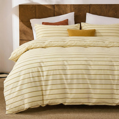 100% Cotton Striped Duvet Cover Set Queen Size,Butter Yellow Fine Stripe Muslin Bedding,Double Gauze Duvet Cover Set,Soft Airy Breathable Warm Neutral Bedding Set,3 Pieces