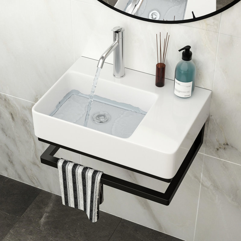 23.39"x16.5" Rectangular White Ceramic Bathroom Sink With Corrosion - Black Towel Bar, Practical Design Wall Mounted Faucet Hole And Smooth Surface For Easy Cleaning