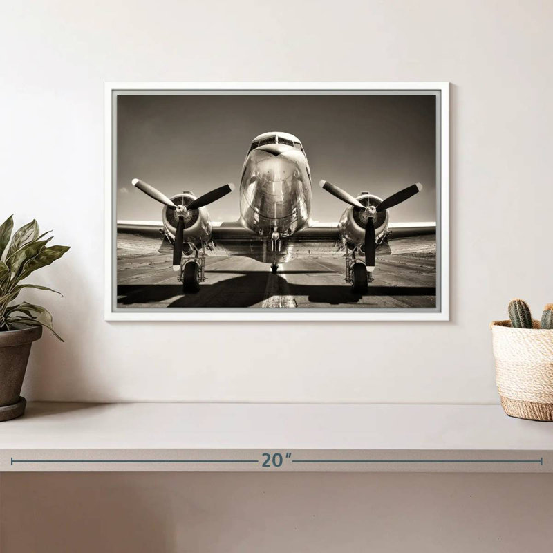 Avion rétro noir et blanc, Cadre flottant blanc, 13 po x 9 po