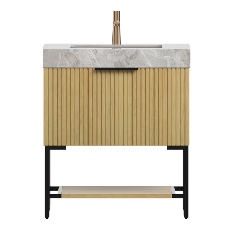 Meuble-lavabo de salle de bain autoportant en contreplaqué rayé de 30 po - Pré-assemblé avec tiroir, tablette ouverte, plateau en pierre gris clair et lavabo en céramique encastré, chêne Corolla