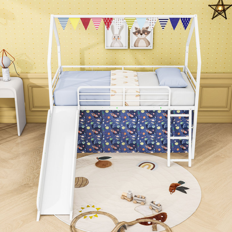 Twin Metal House Loft Bed With Slide And Ladder, White/Blue