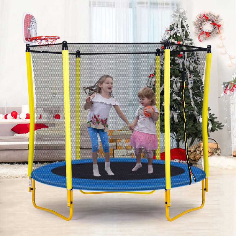 Trampoline 5,5 pi pour enfants - mini trampoline pour tout-petits d'intérieur et extérieur de 65 po avec enceinte, panier de basketball et ballon inclus