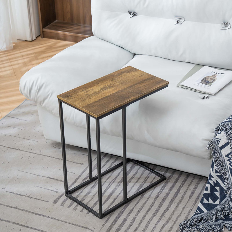 C Type Single Layer MDF Iron Rectangle Brown Triamine Side Table, Brown, Black