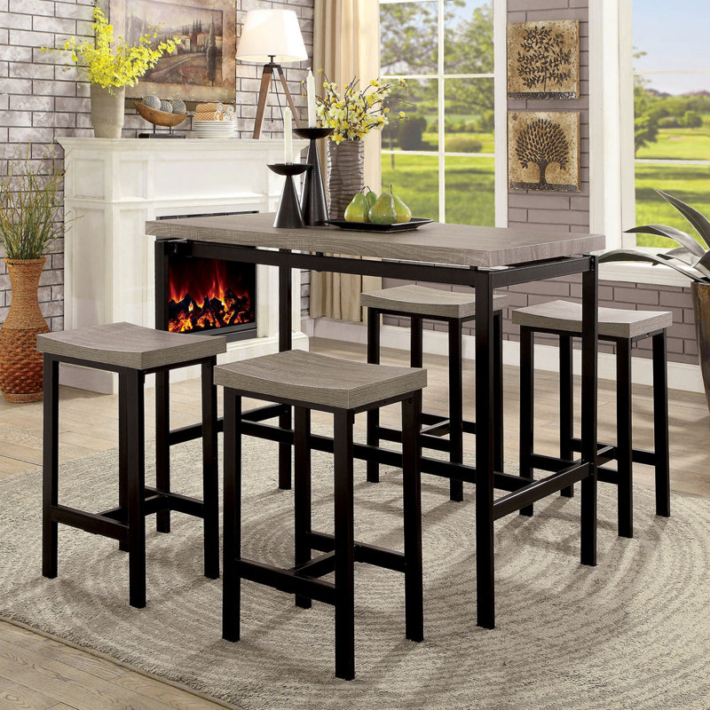 Ensemble de salle à manger élégant 5 pièces, hauteur du comptoir, design bicolore, structure métallique robuste et dessus de table pour intérieurs modernes.