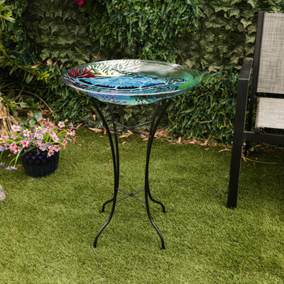18" Glass Birdbath with Turtle and Metal Stand
