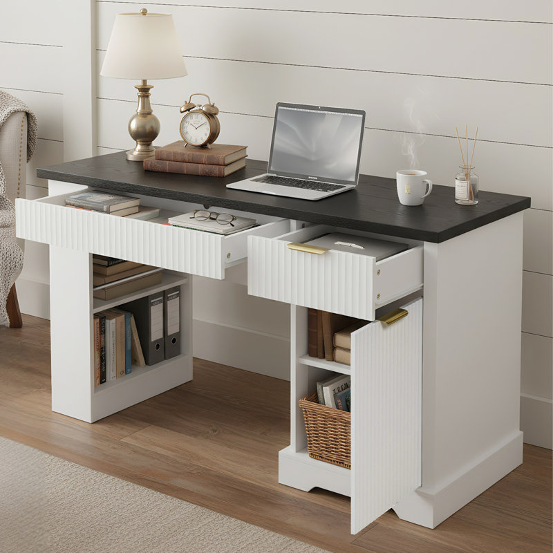 Bureau cannelé moderne de 55 po avec armoire de rangement et tiroirs, Blanc