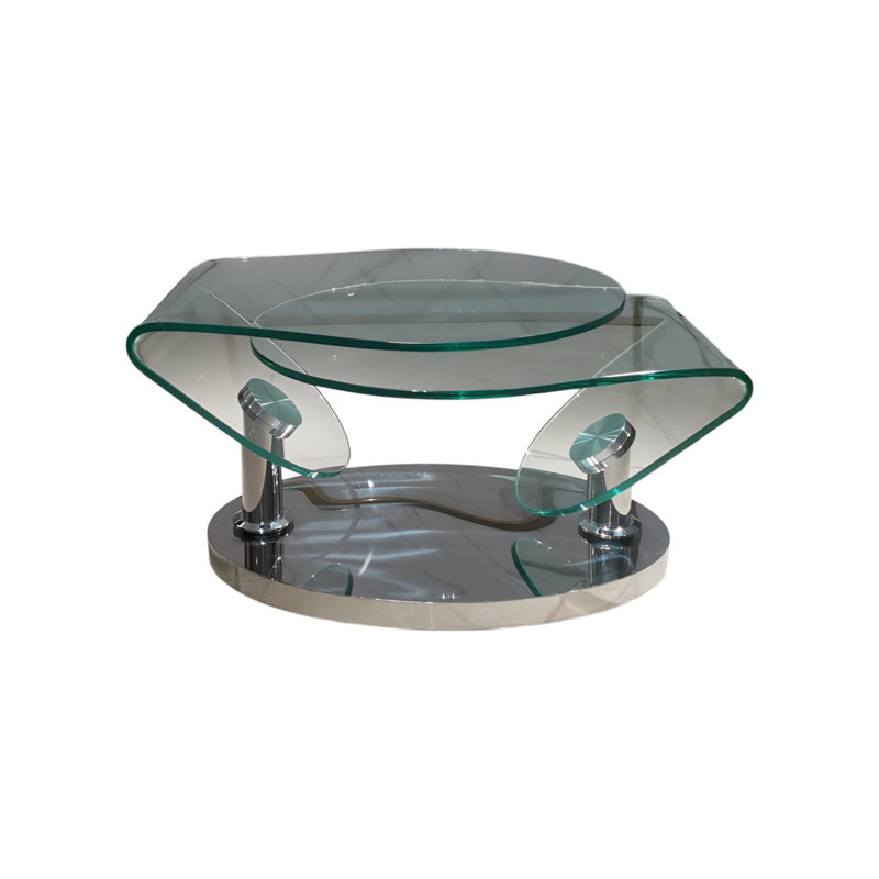 30" Clear And Silver Glass And Metal Oval Abstract Coffee Table