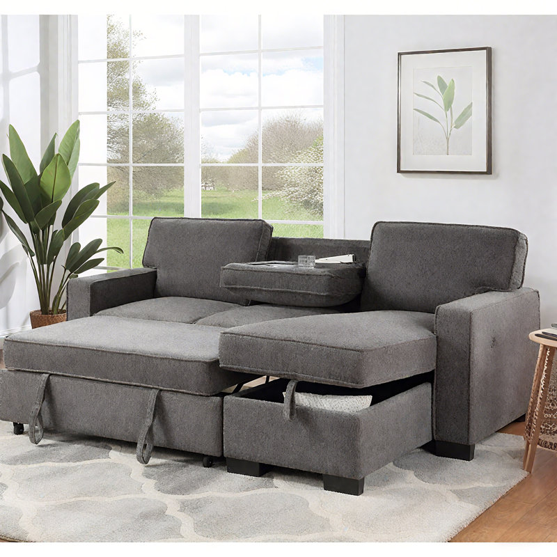 Canapé-lit modulaire réversible en tissu 86,5 po avec méridienne avec rangement, canapé modulaire en L avec lit escamotable, table rabattable, 2 porte-gobelets et 2 ports USB, gris foncé