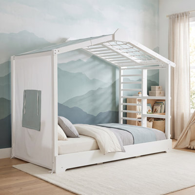 Lit cabane en bois pour une personne avec lit gigogne, lit plateforme avec tente en tissu enroulable et étagères latérales, style moderne, chambre d'enfant