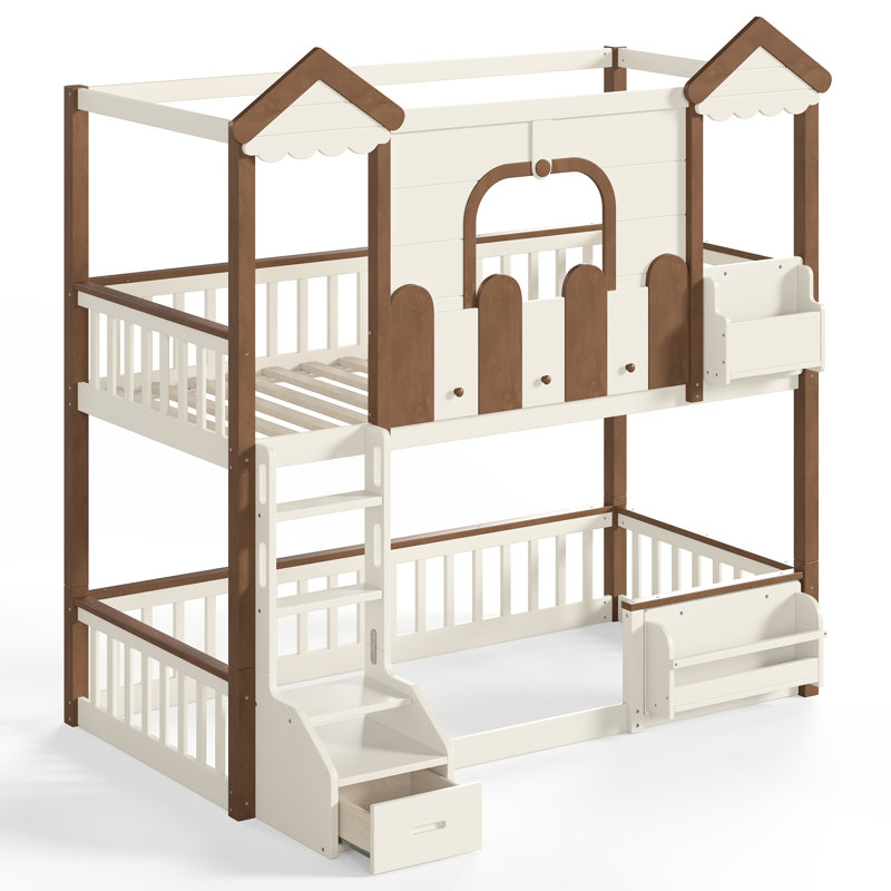 Lit superposé simple en bois avec bibliothèque et tiroir de rangement Havenwood, Naturel + beige