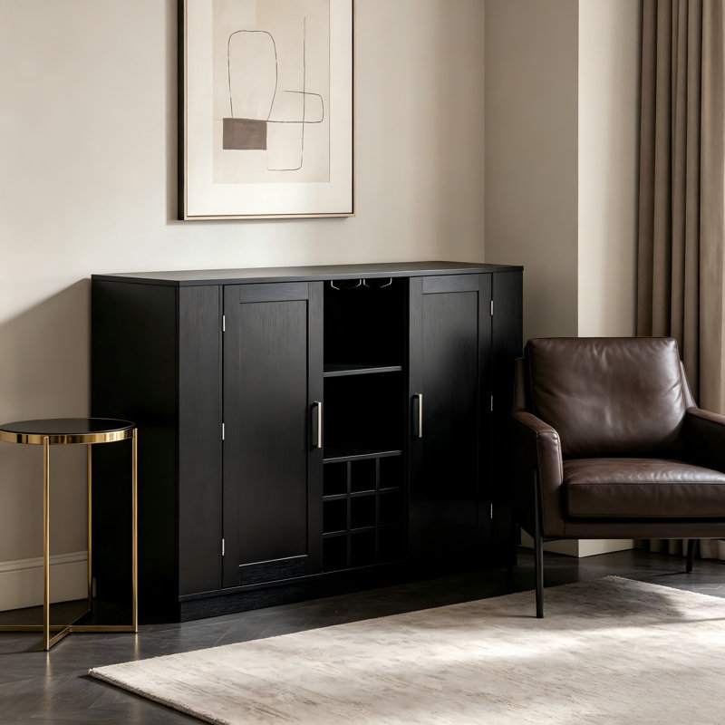 47.2-Inch Bar Counter With Folding Tabletop And Power Outlets, Double-Door Storage Including Wine Rack And Glass Rack., Black