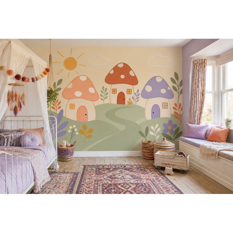 Papier peint champignon fantaisiste amovible, 160 po x 108 po, Peler et coller