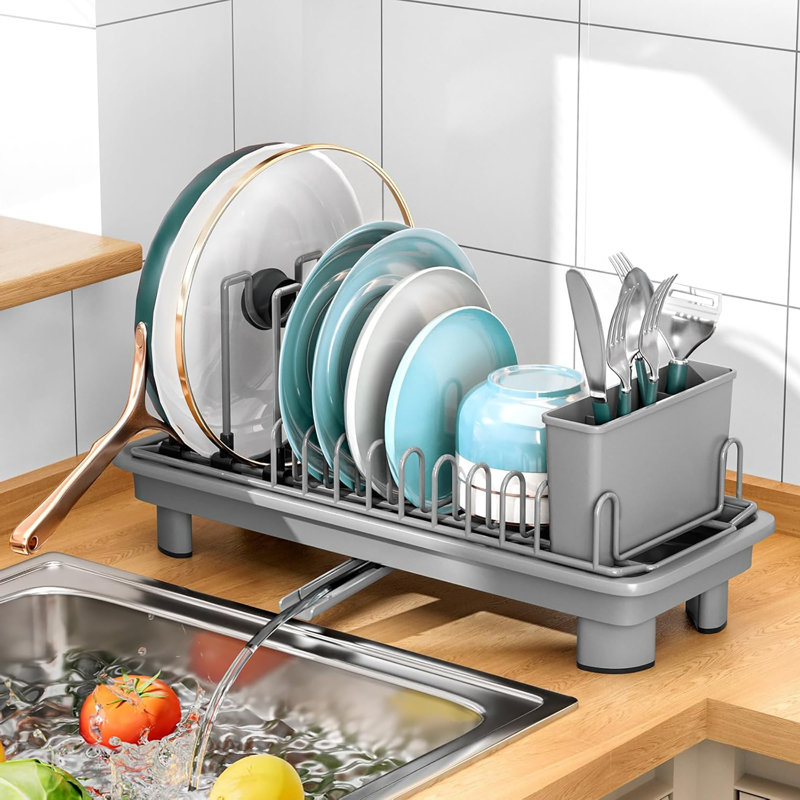 Séchoir à vaisselle compact et compact pour comptoir de cuisine avec porte-couverts amovible, Gris