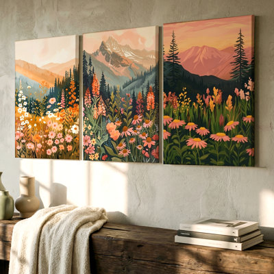 3 pièces d'art mural de paysage de montagne avec fleurs sauvages, art mural trois pièces pour le salon, la chambre à coucher, le bureau et la maison, prêt à être accroché