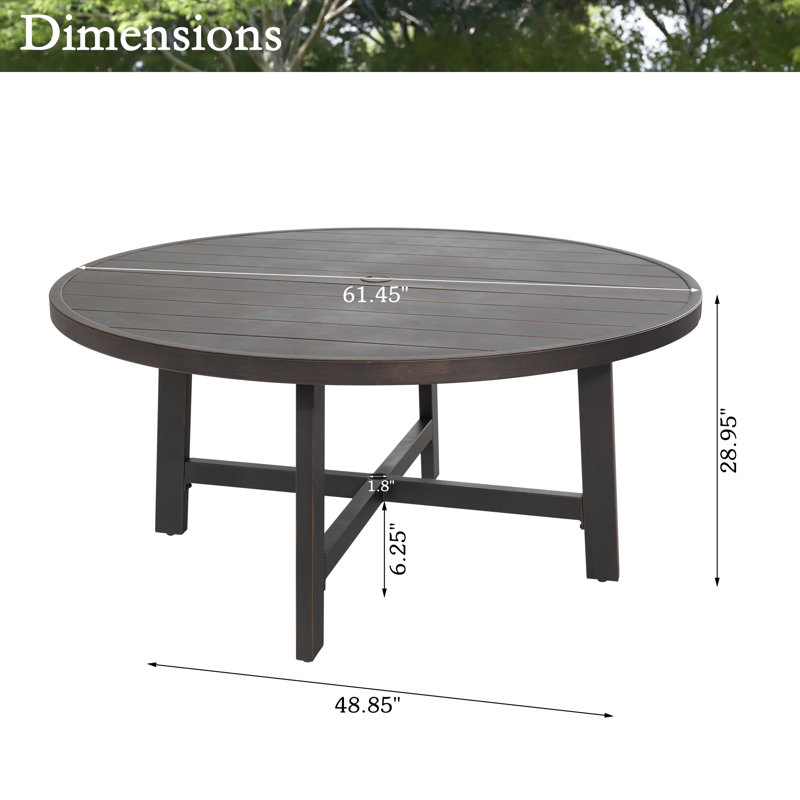 Table de salle à manger de patio ronde en aluminium avec trou pour parasol pour 6 personnes, Bronze