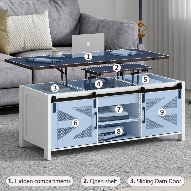 Verniet 48” Lift Top Coffee Table with Storage, Walnut, White