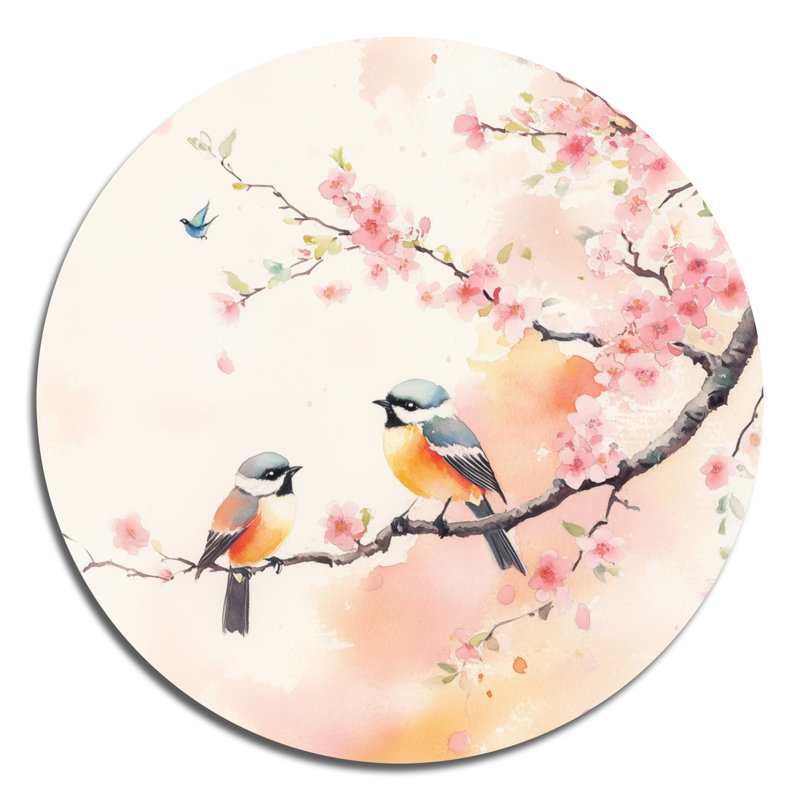 Décoration murale ronde en métal Chinoiserie Birds & Blossoms, L 23 po x H 23 po