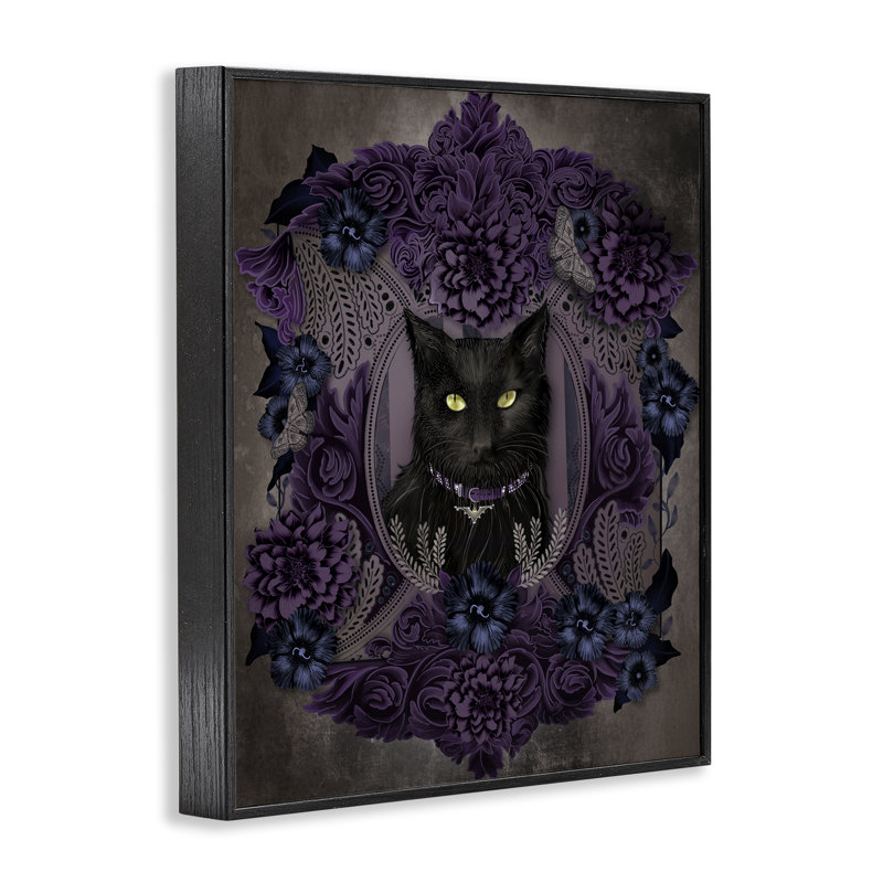 Giclée encadrée «Black Cat with Gothic Florals» par Lori Mosley, H 20 po x l 16 po, Giclée encadrée noir minuit