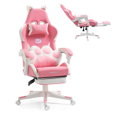 Fauteuil de jeu inclinable ergonomique en cuir de polyuréthane rose avec repose-pieds, capacité de 310 lb, inclinable à 6 positions, pivotant sur 360 °