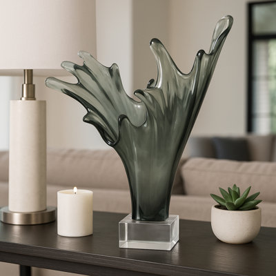 Bixler Artistic Agua Splash Sculpture for Home Decor - Glass Statue Decorative Object Figurine - Elegant Decorations for Living Room - 16", Grey & Clear