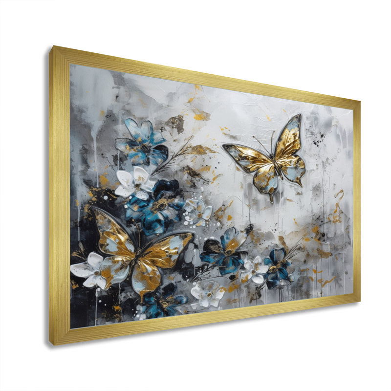 «Ryuko Golden Blue Butterfly Wings And Flowers III», art mural floral, H 12 po x l 20 po x P 1 po, Cadre doré