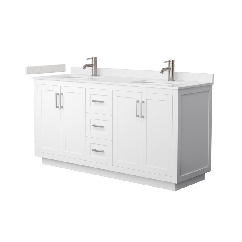 Meuble-lavabo double autoportant de 66 po avec plateau en marbre Miranda, Nickel brossé, Blanc, Marbre de culture de Carrare