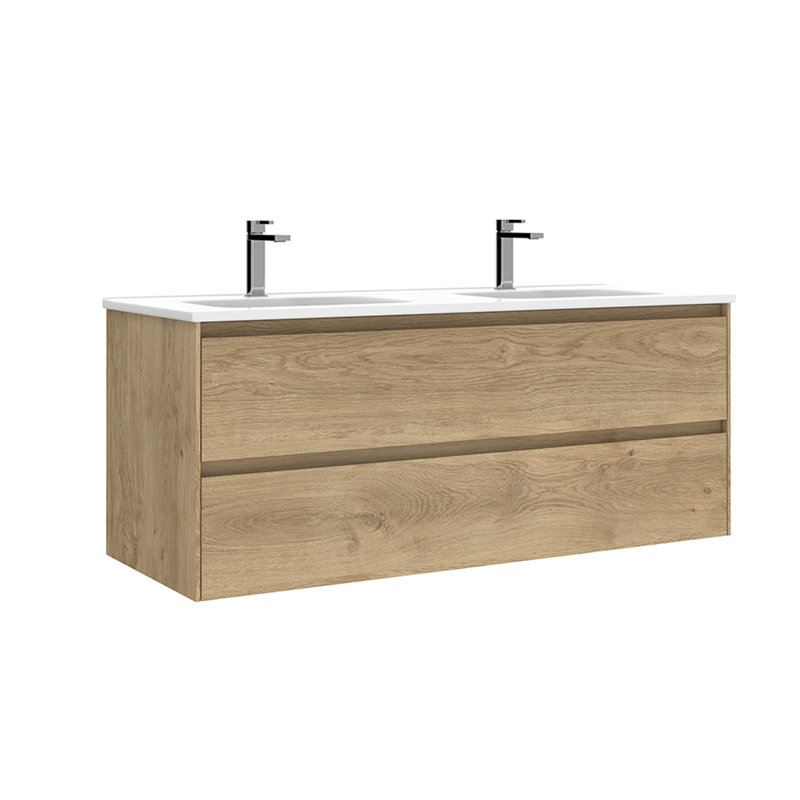 Natural Oak Double Wall-Mount Bathroom Vanity with Ceramic Top