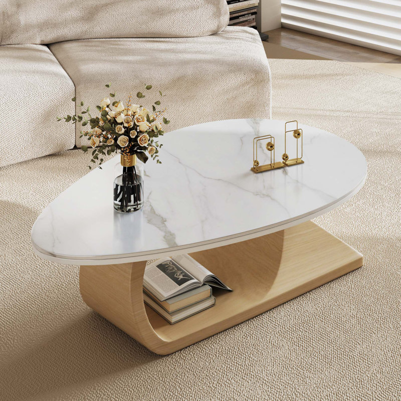 Albanese 47.2" Modern White Oval Coffee Table, Living Room Table Center Table with Faux Marble Top, Natural
