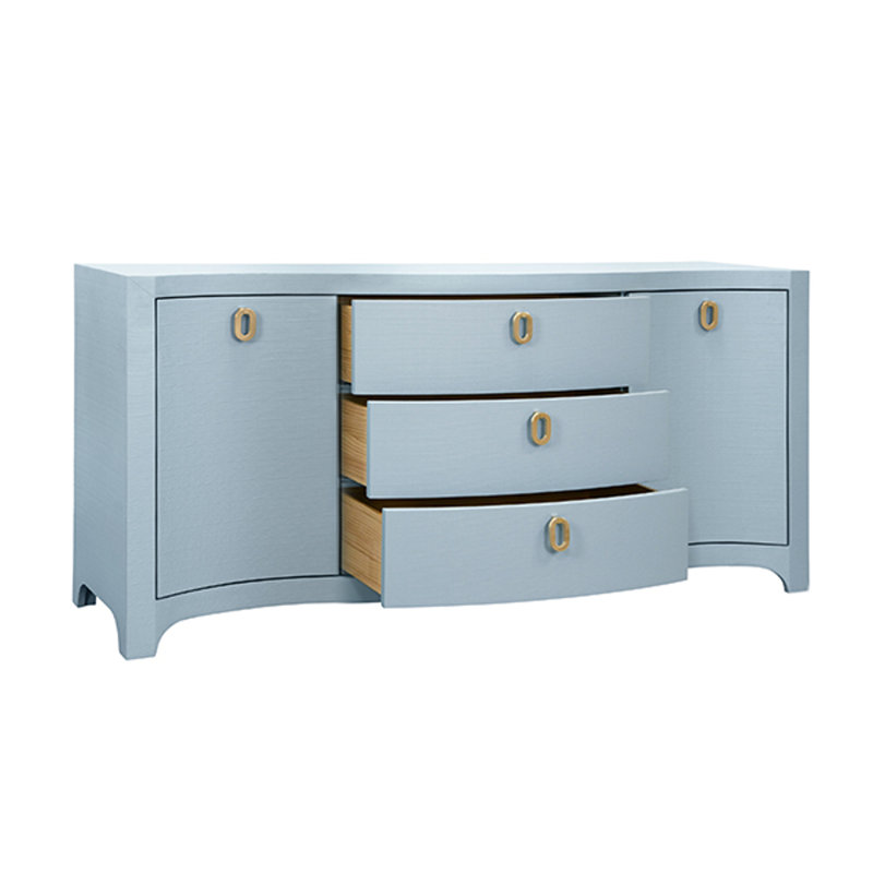 Curved Front Two Door Three Drawer Buffet In Textured Light Blue Linen With Satin Brass Ring Hardware, Textured Light Blue