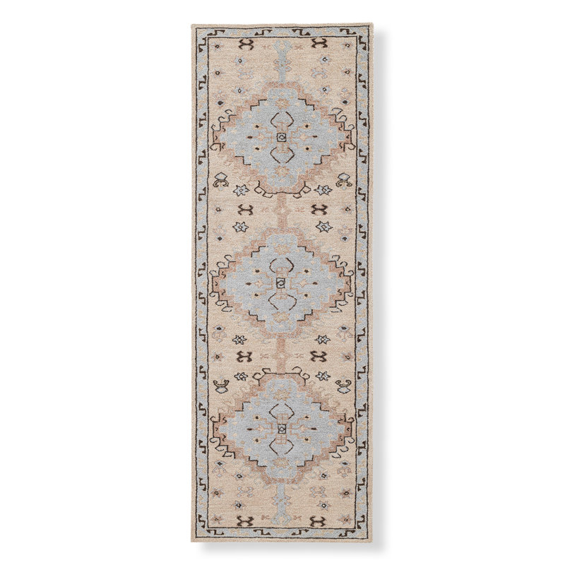 Tapis touffeté en laine bleu clair / beige, Tapis de couloir 2 pi 6 po x 12 pi
