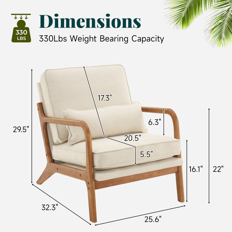 Fauteuil d'appoint rembourré en bois massif Lemley Mid Century, Mélange de lin beige