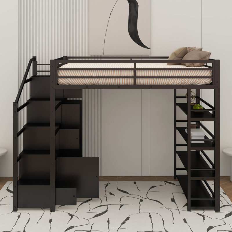 Full Size Metal Loft Bed With Shelves And Wardrobe