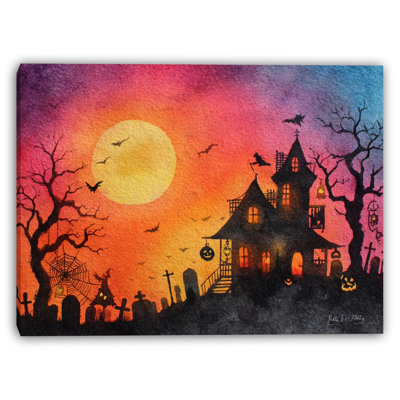 Witch Flying Over Haunted House Wrapped Canvas Wall Art